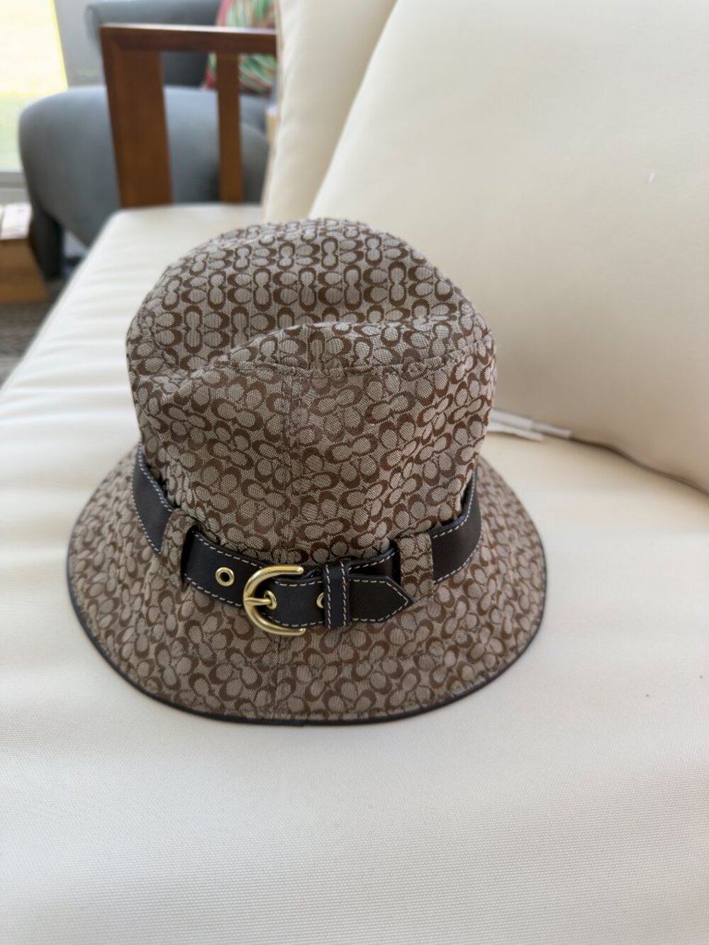 Coach Signature Brown Jacquard Bucket Hat Leather Buckle Trim Size M/L